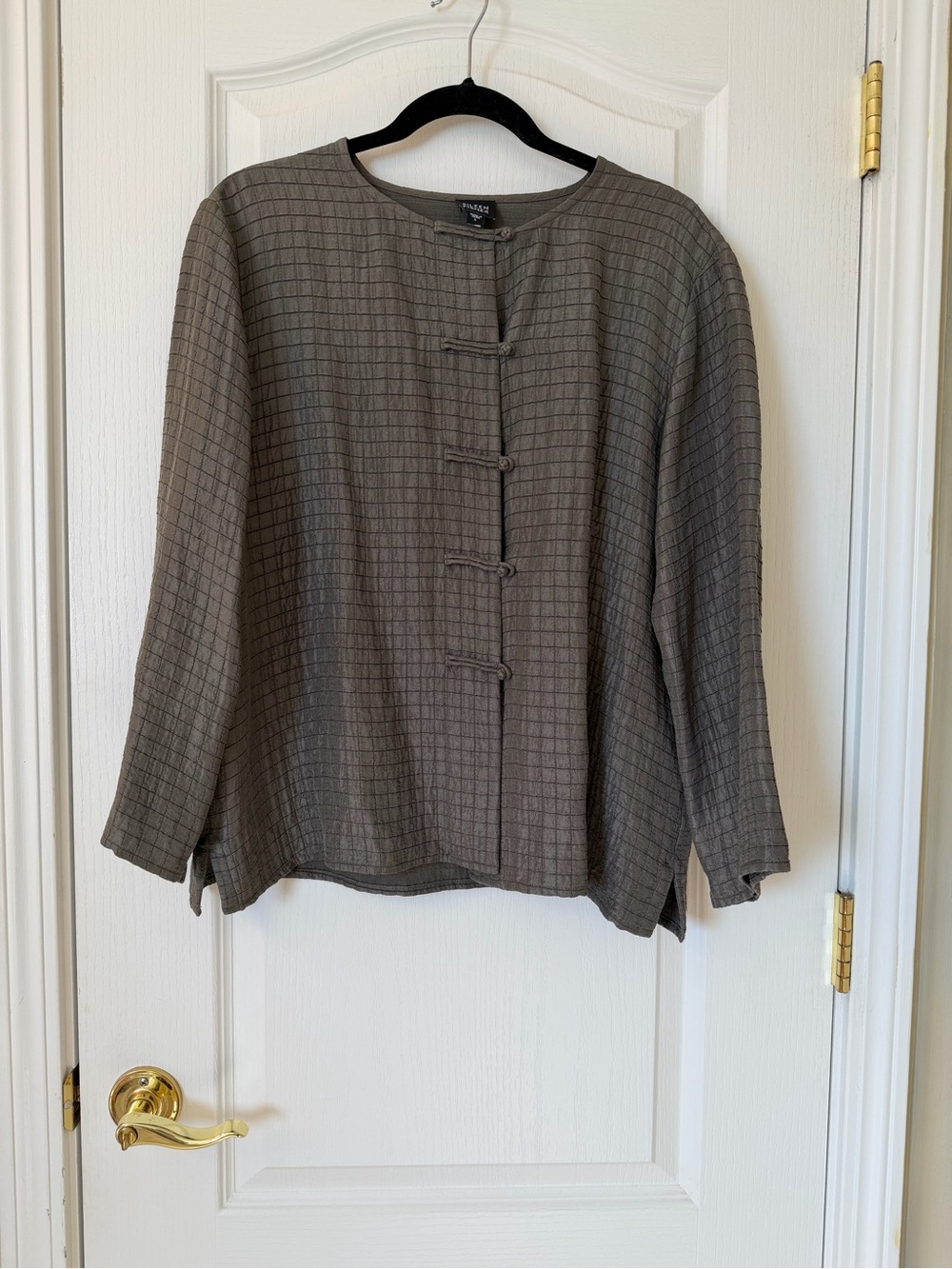 Eileen Fisher L Brown Gray Silk Linen Grid Plaid Frog Closure Jacket